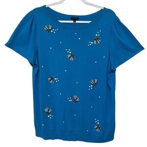 Talbots Sparkle Beaded Rhinestones Shells Blouse Short Sleeve Blue Knit 14W-16W